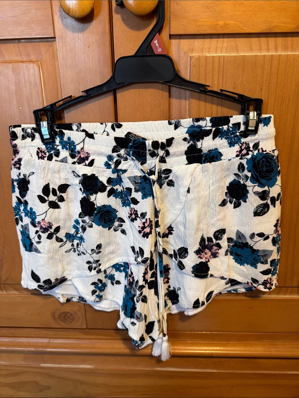 Rue21 White Floral High Waist Drawstring Shorts with Teal & Black Roses